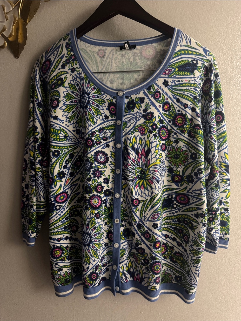 Talbots Floral Paisley Button-Down Cardigan - Blue, Green & White